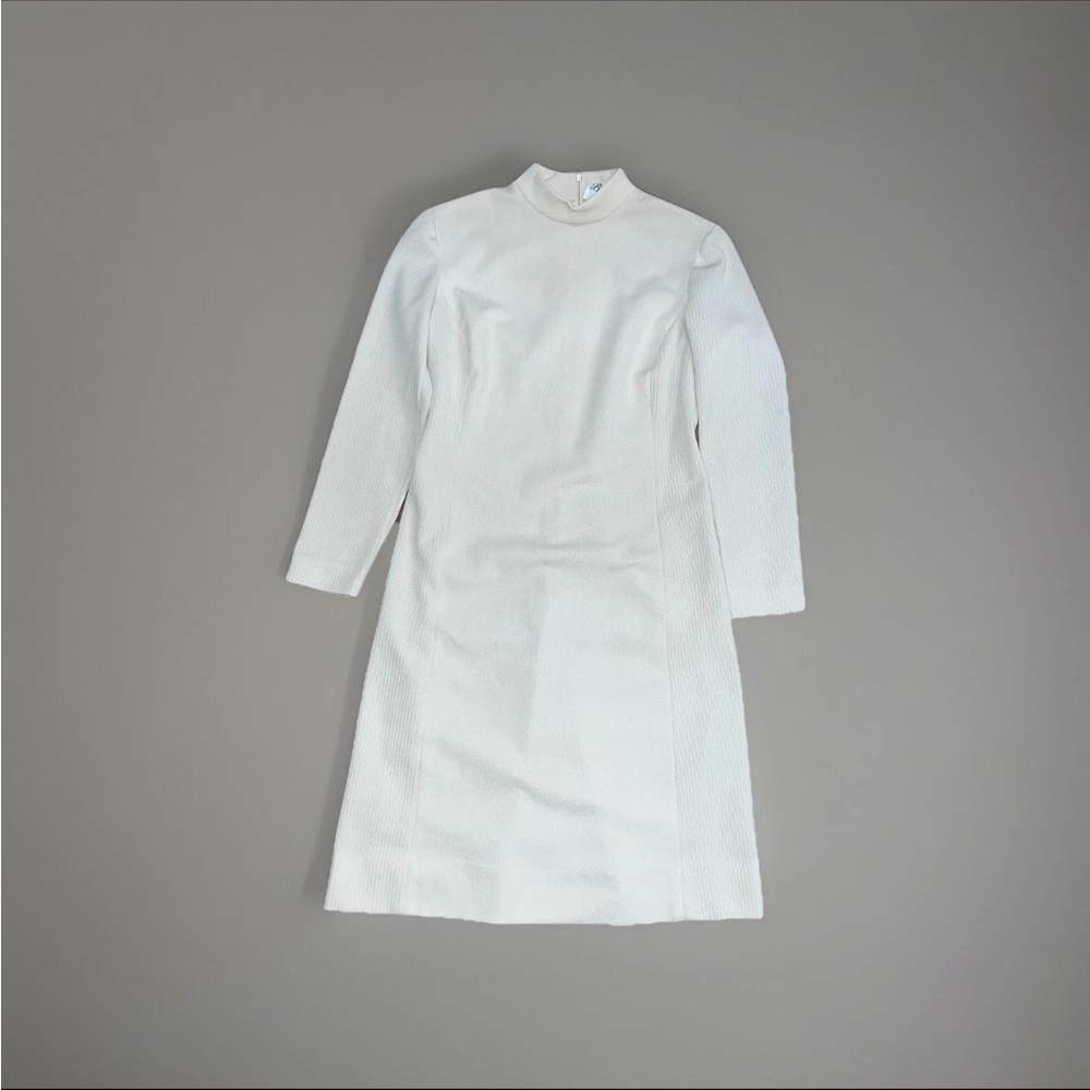 Vintage 60s Butte Tight Knit Womens White Sheath Dress Knee Length Midi Size S